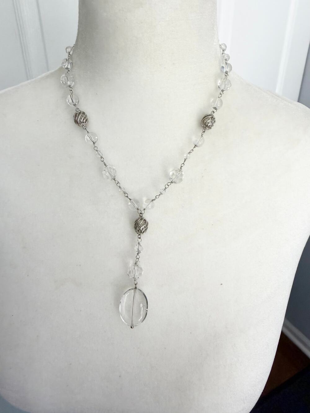 Lia Sophia Clear and Silver Beaded Silver Tone Y Drop Statement Necklace